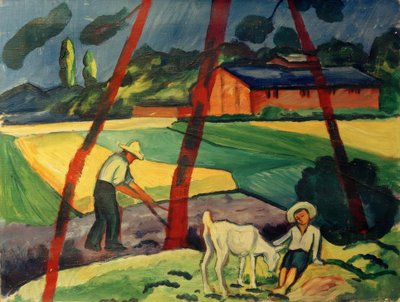 Landschaft mit Bauer, Junge und Ziege von August Macke